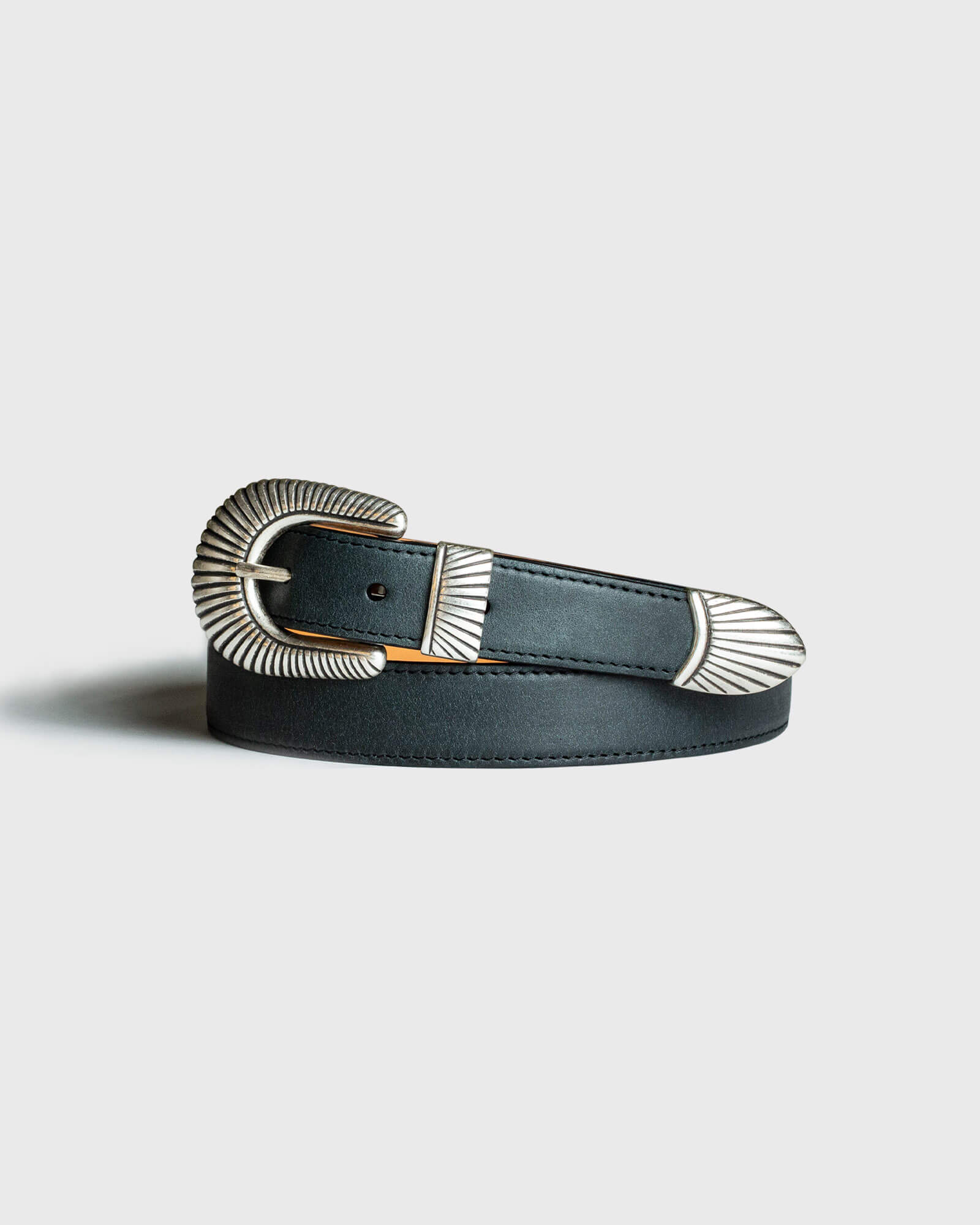 Black Italian Waxed Leather Western Belt with Sculpted Brass