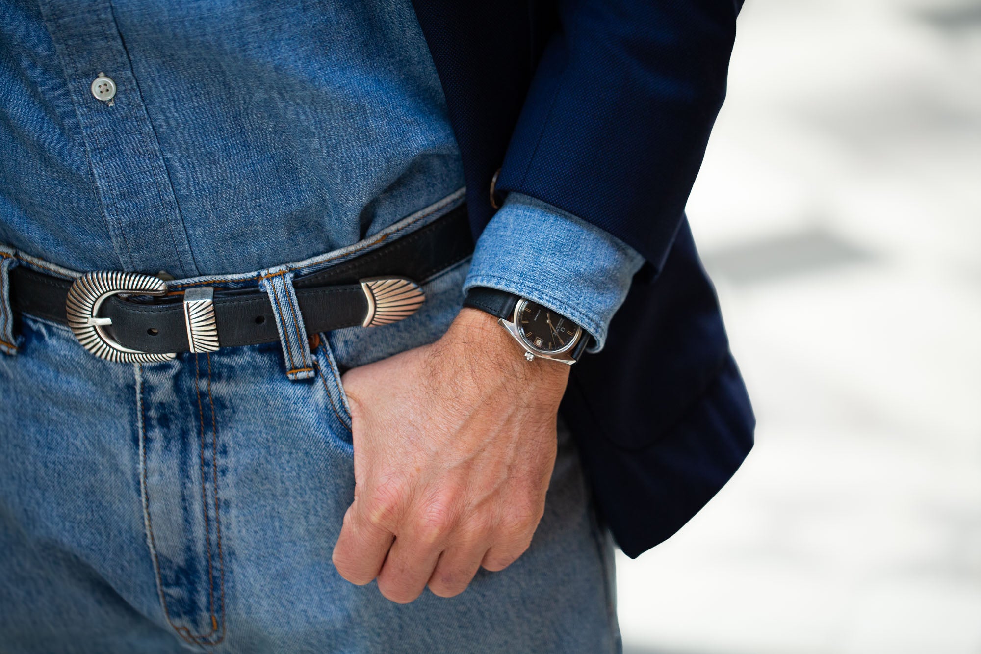 Black Italian Waxed Leather Western Belt with Sculpted Brass