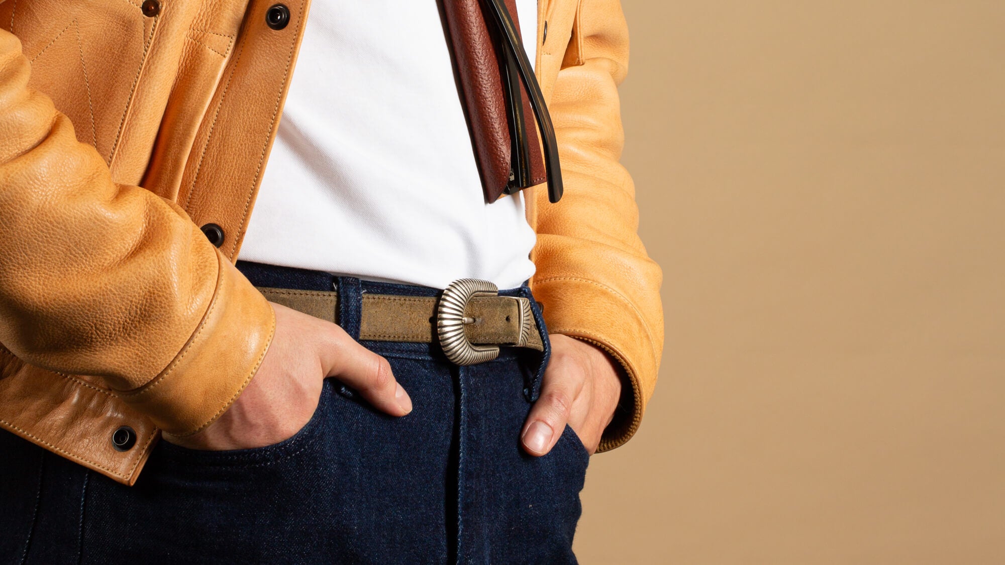 Brown Italian Waxed Leather Western Belt with Sculpted Brass