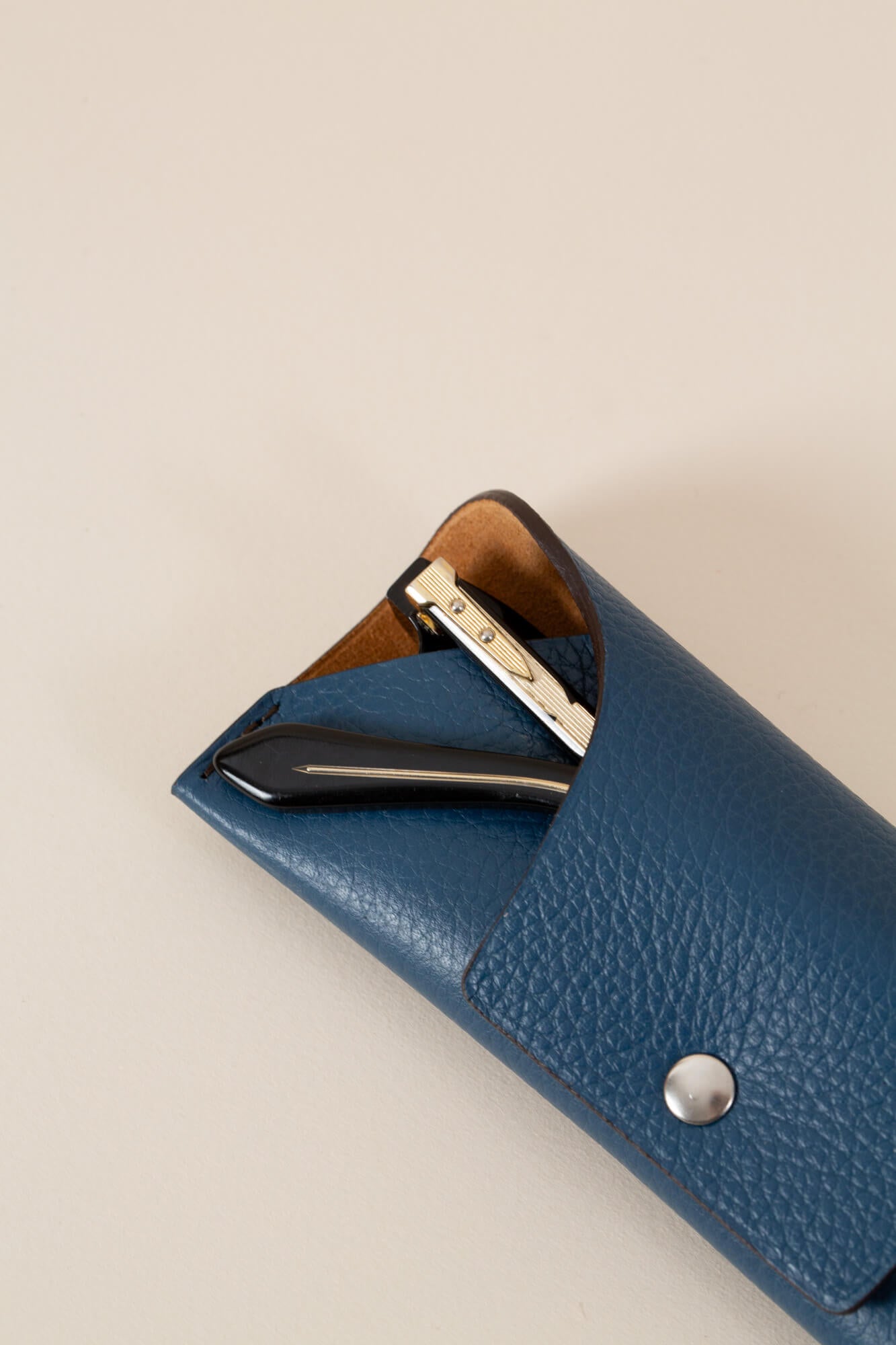 Eyeglass case - Blue grained cowhide leather - Made in France