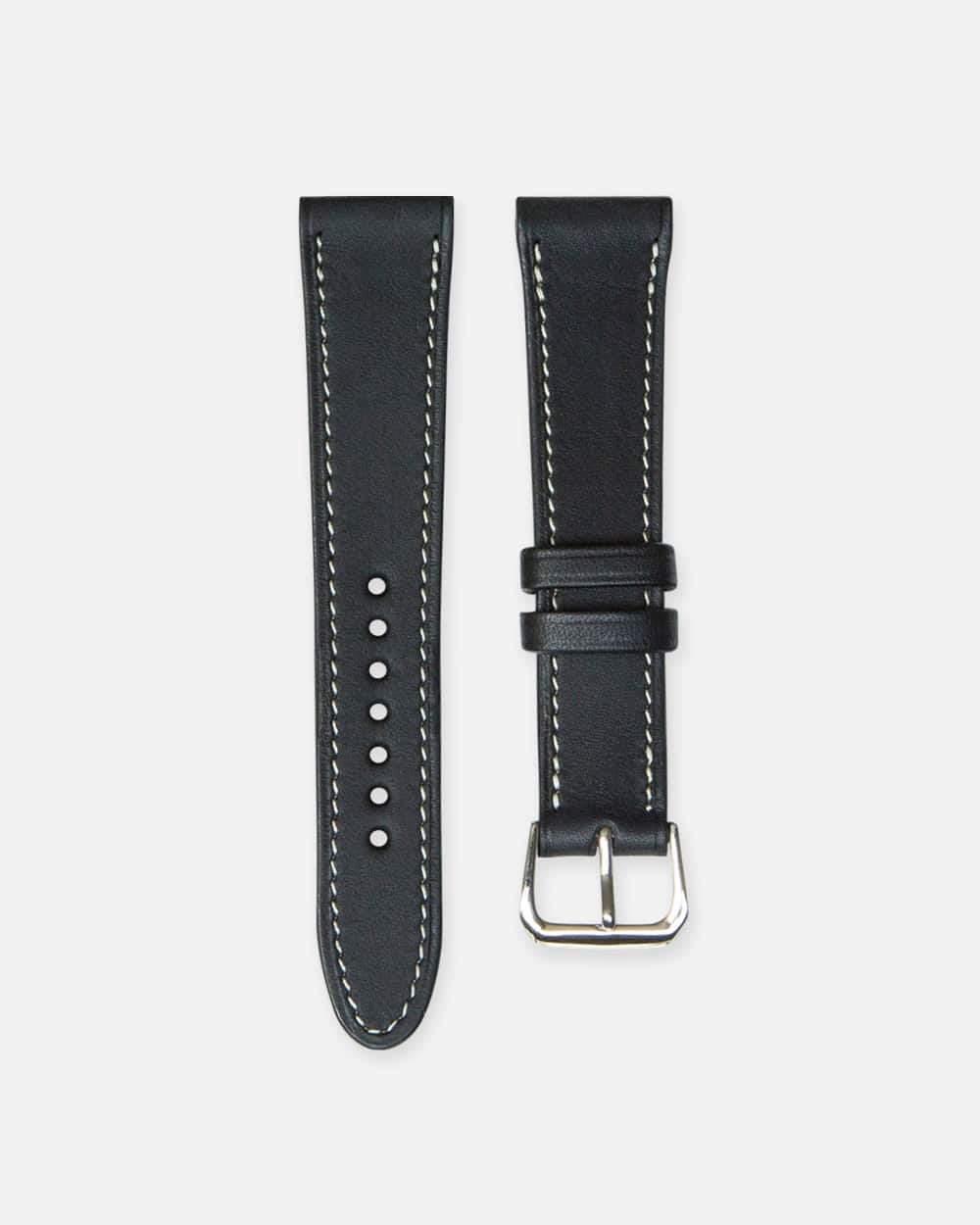Bracelet Montre - Cuir de Veau Noir - Surpiqures Blanches