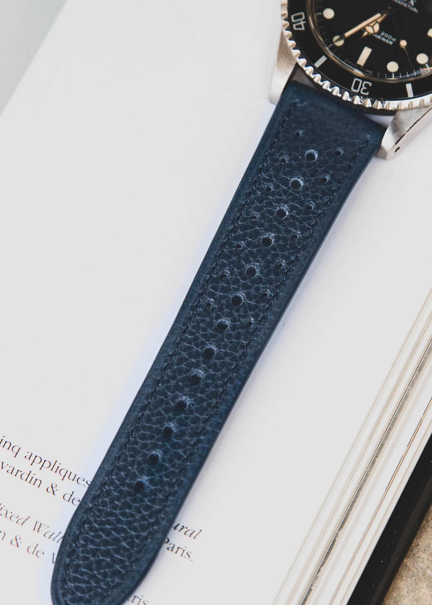 Bracelet de montre type Rallye - Cuir grainé Bleu Amiral