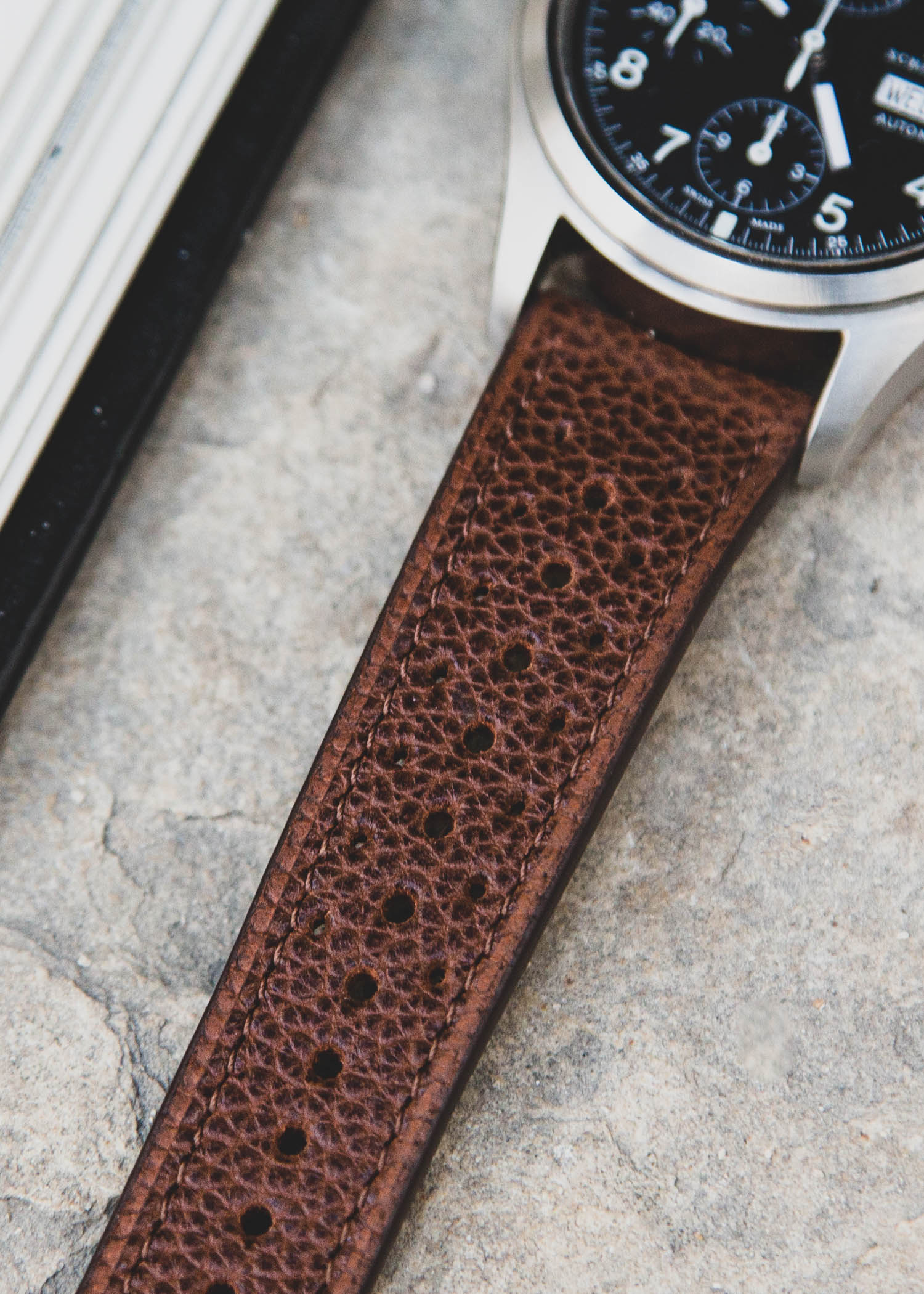 Bracelet de montre type Rallye - Cuir grainé Cognac
