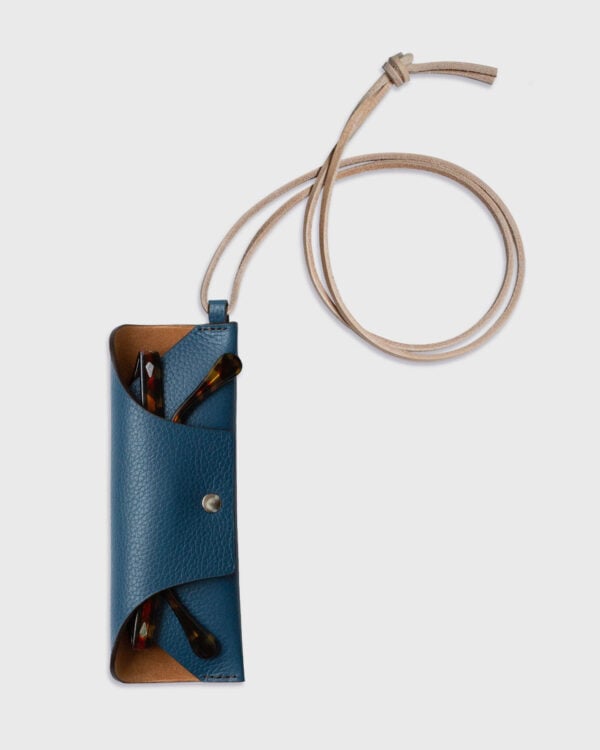Étui à lunettes - cuir grainé bleu - suédine velours