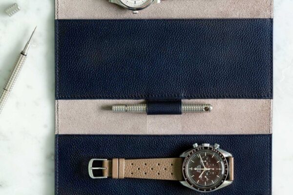 Pochette deux montres - Cuir Grainé bleu marine