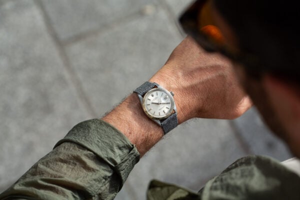 Vintage wool and leather watch strap - Grey pin check